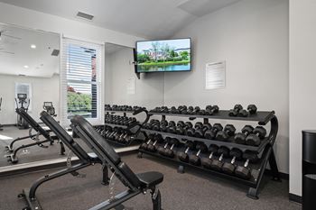 Fitness center with brand new state-of-the-art precor cardio and strength equipment, peloton bikes and row machines